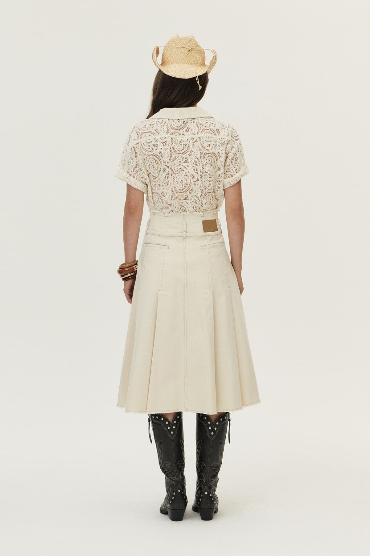쿠메(KUMÉ) Front Pocket Pleated Cotton Skirt, Ecru
