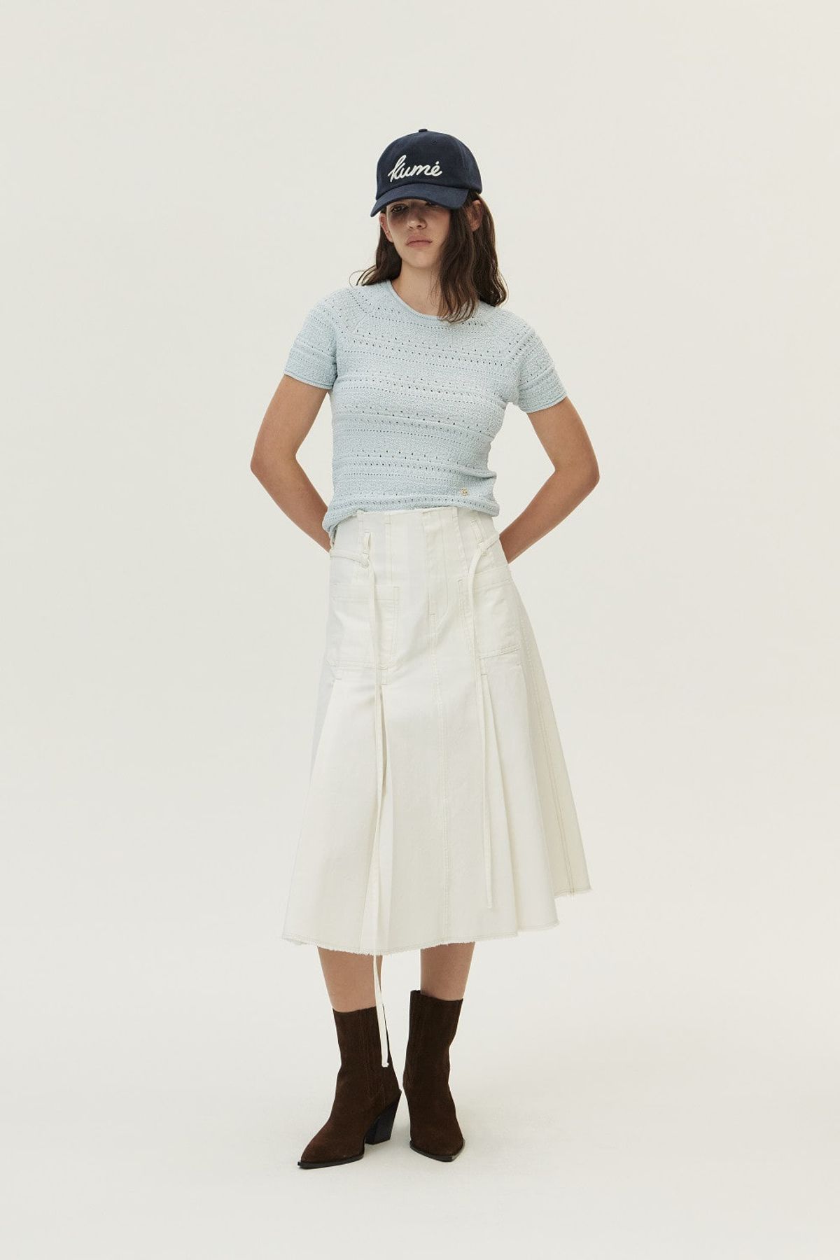 쿠메(KUMÉ) Front Pocket Pleated Cotton Skirt, Ivory