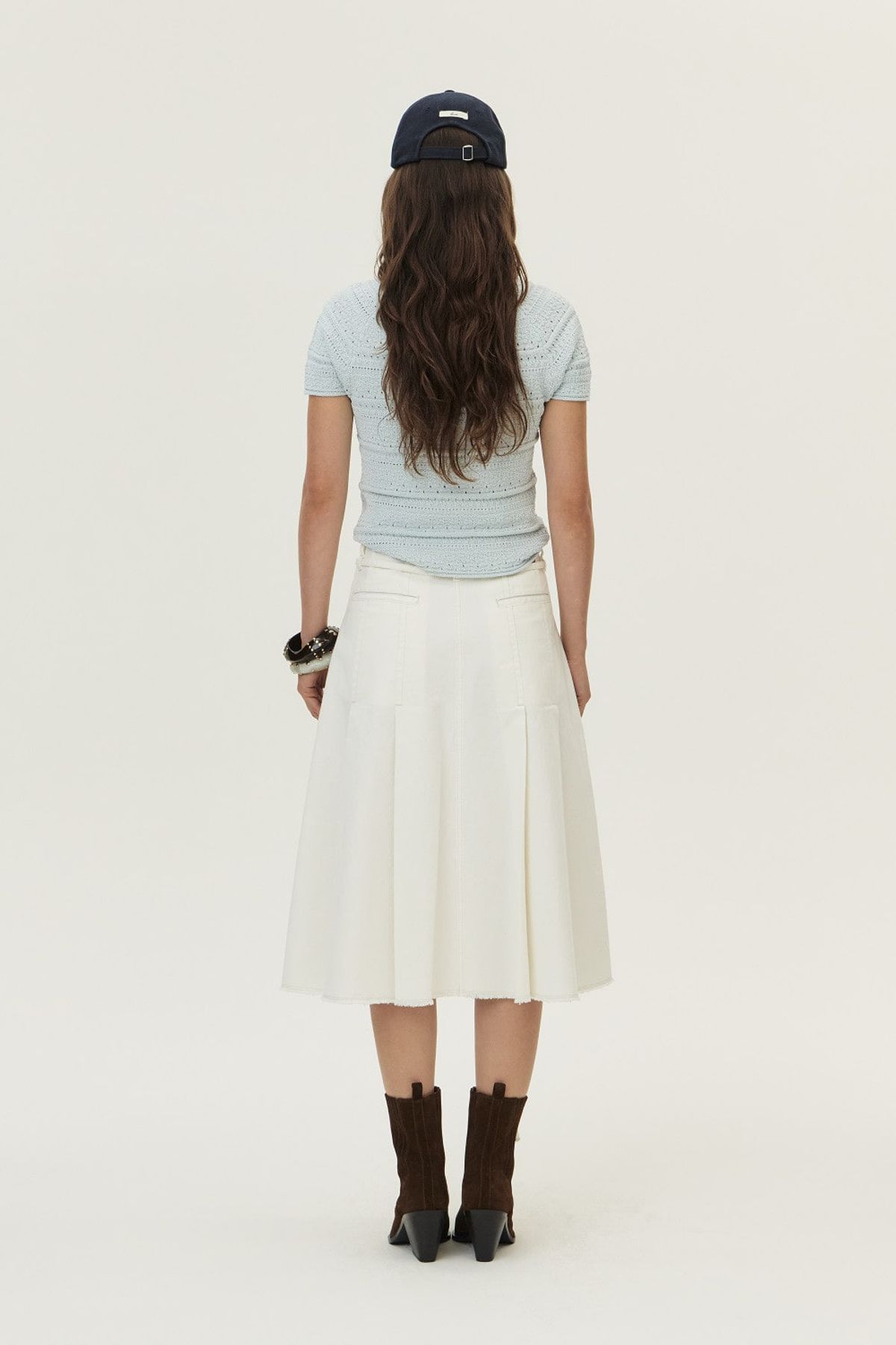 쿠메(KUMÉ) Front Pocket Pleated Cotton Skirt, Ivory