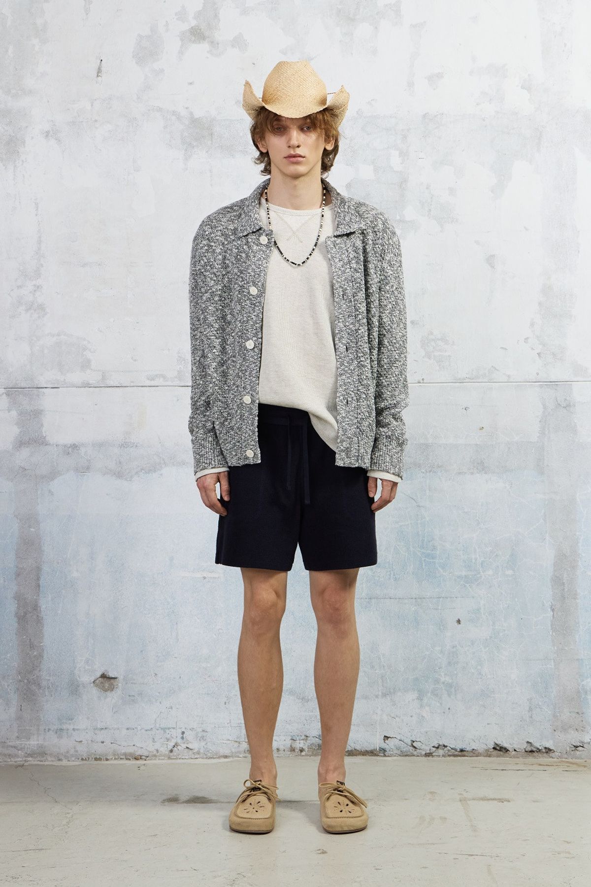 쿠메(KUMÉ) Men Slub Melange Knitted Cardigan, Gray