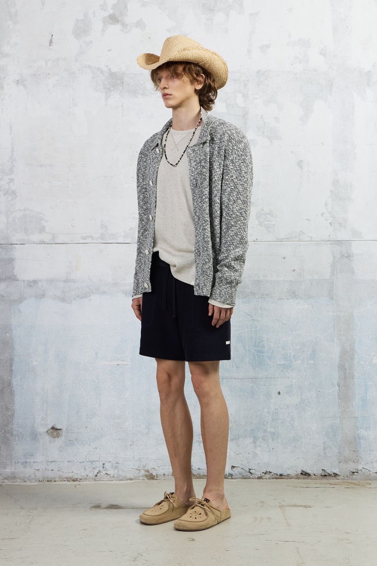 쿠메(KUMÉ) Men Slub Melange Knitted Cardigan, Gray