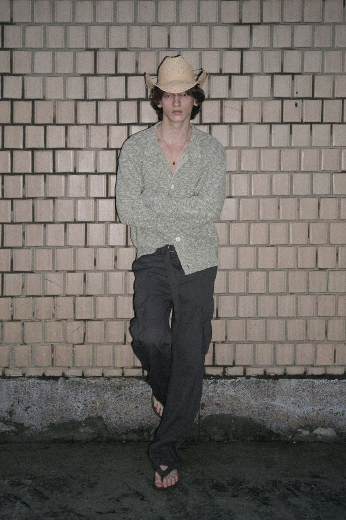 쿠메(KUMÉ) Men Slub Melange Knitted Cardigan, Olive
