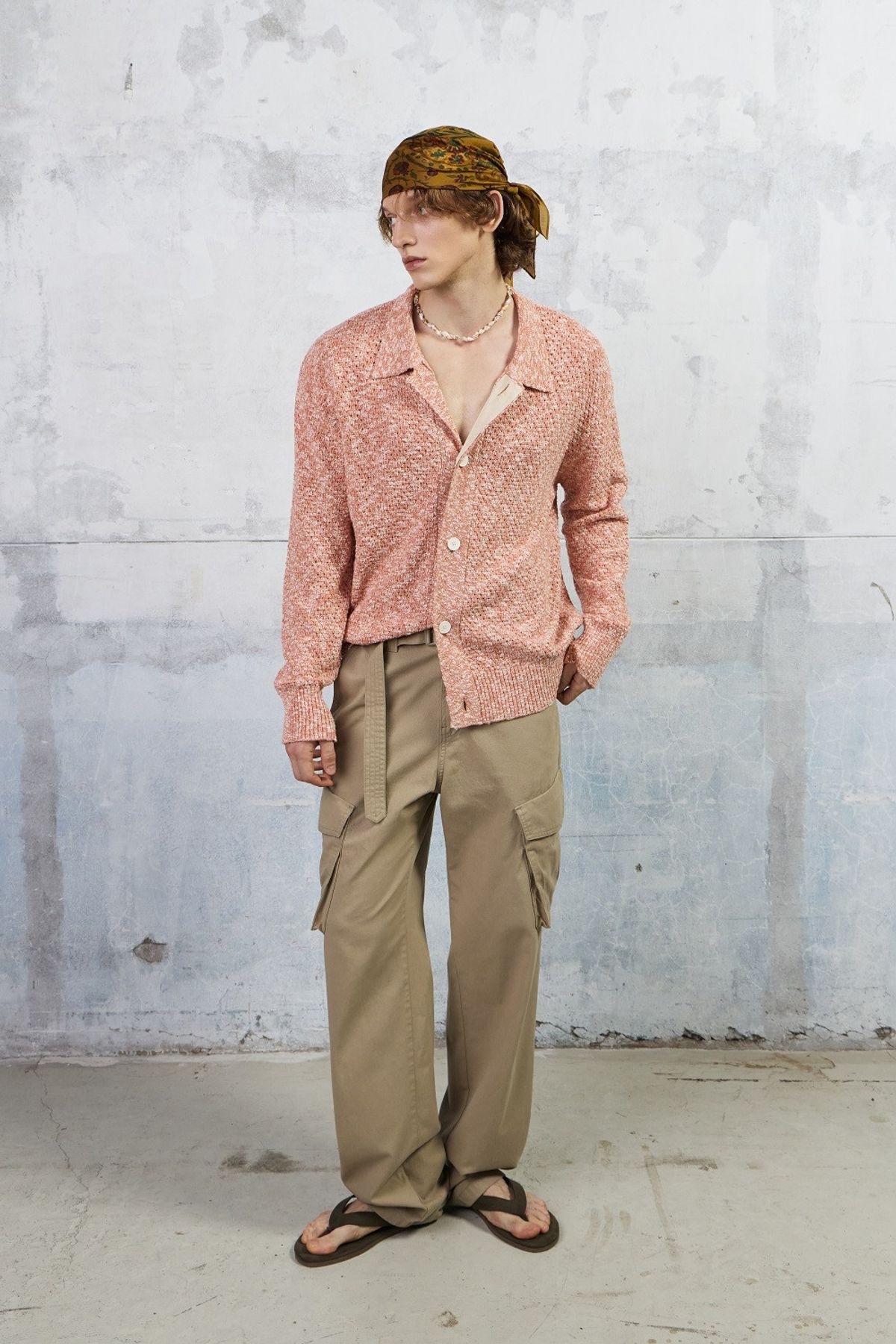 쿠메(KUMÉ) Men Slub Melange Knitted Cardigan, Orange