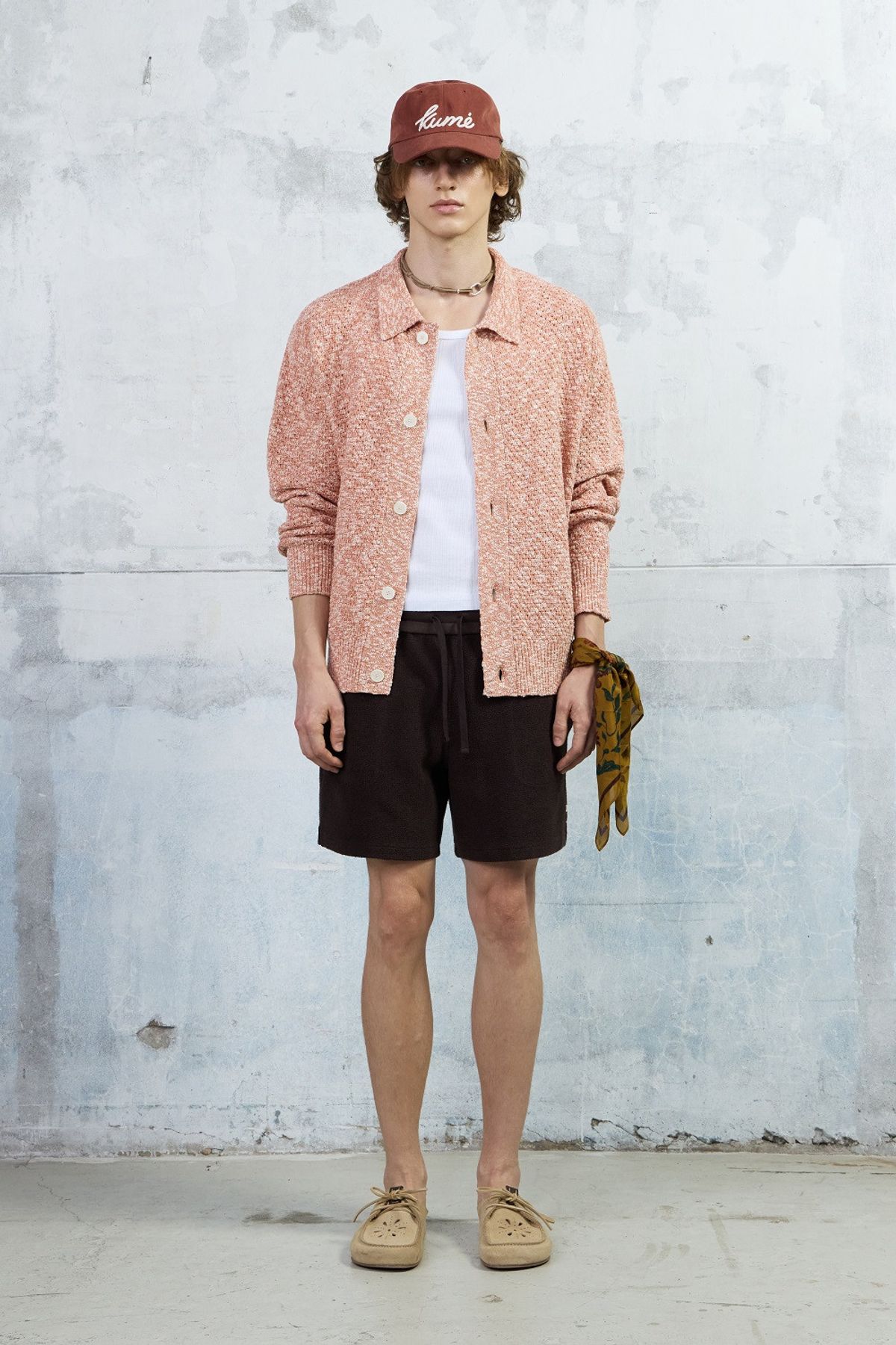 쿠메(KUMÉ) Men Slub Melange Knitted Cardigan, Orange