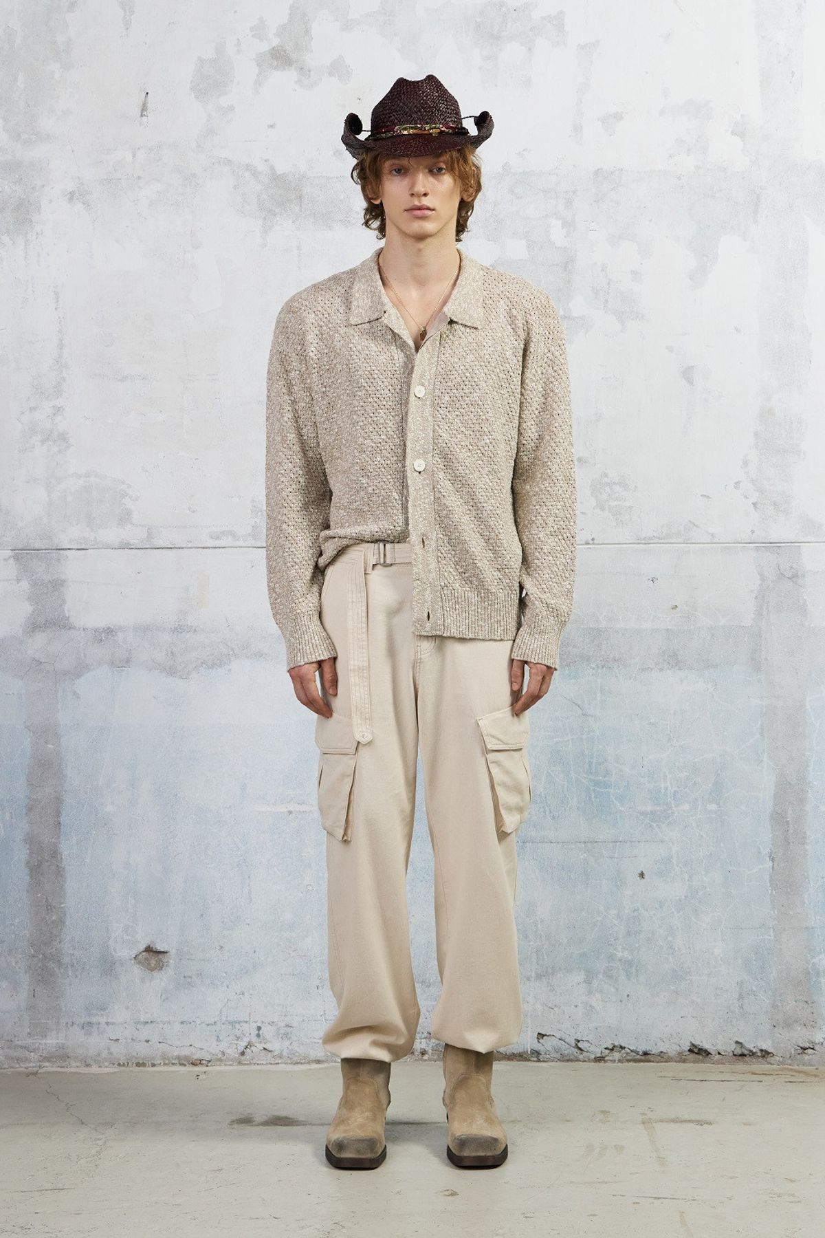 쿠메(KUMÉ) Men Slub Melange Knitted Cardigan, Beige
