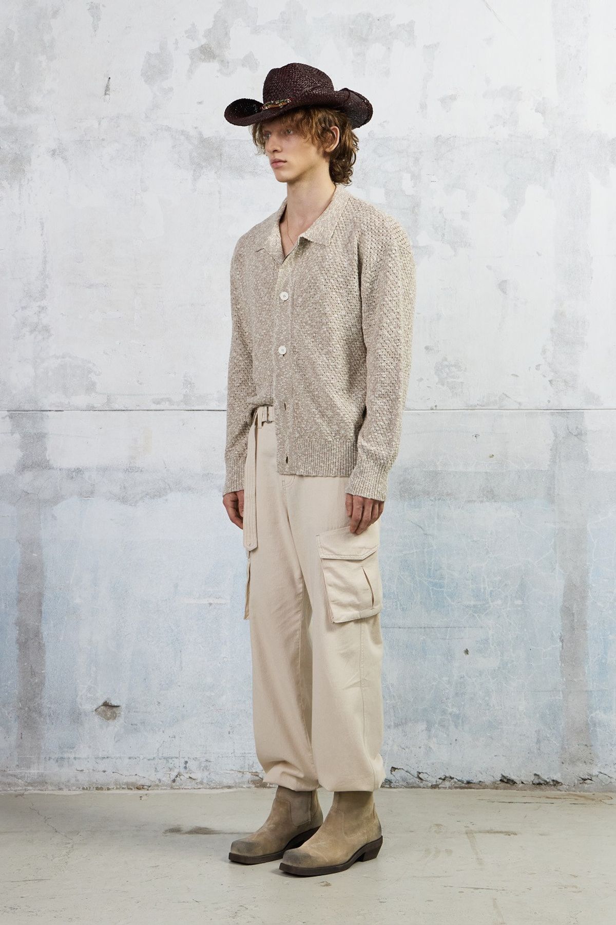 쿠메(KUMÉ) Men Slub Melange Knitted Cardigan, Beige