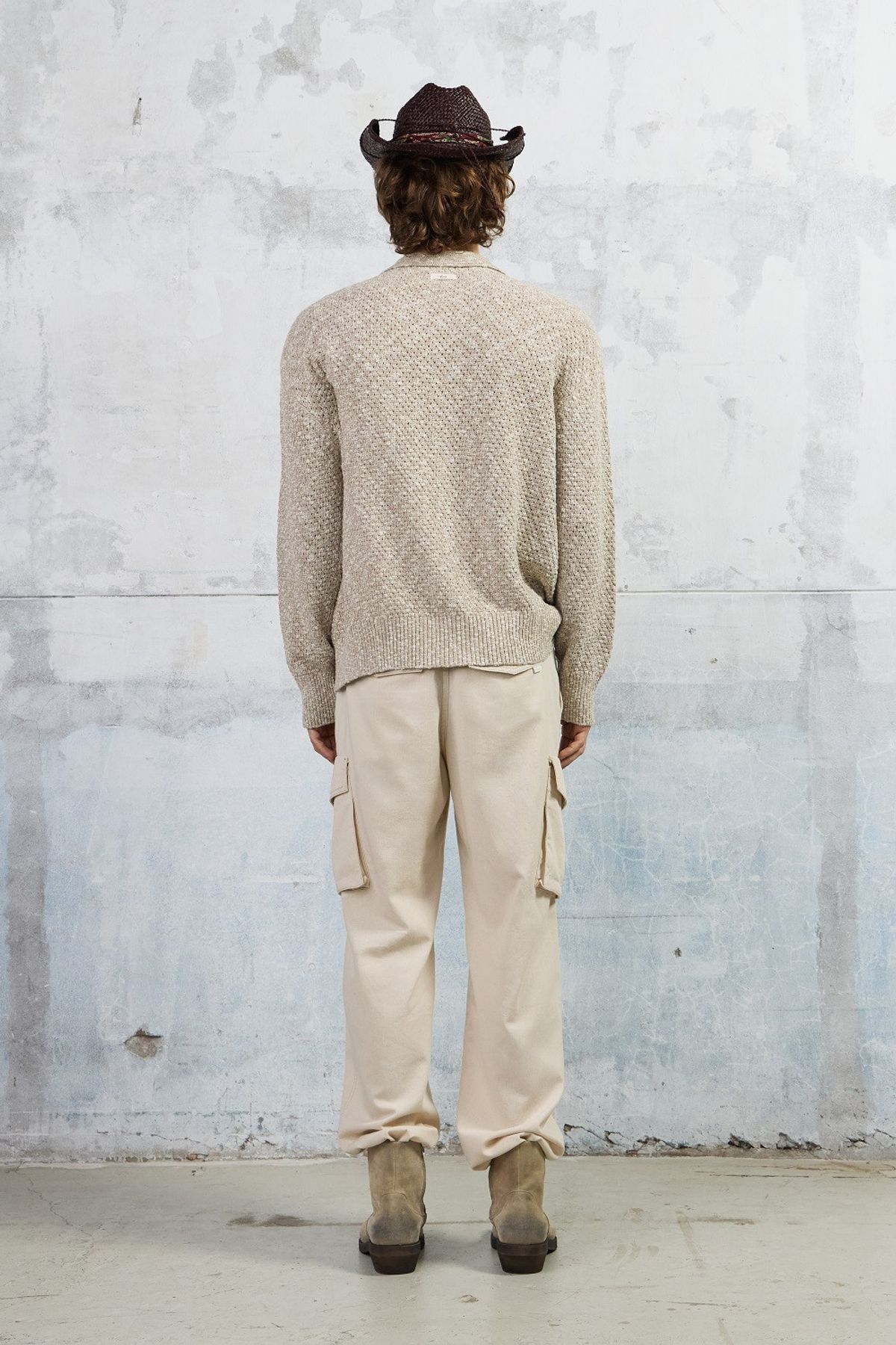 쿠메(KUMÉ) Men Slub Melange Knitted Cardigan, Beige