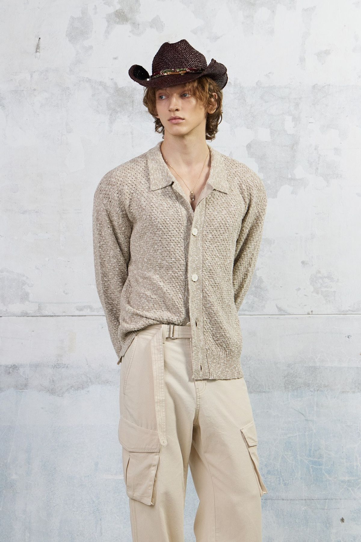 쿠메(KUMÉ) Men Slub Melange Knitted Cardigan, Beige