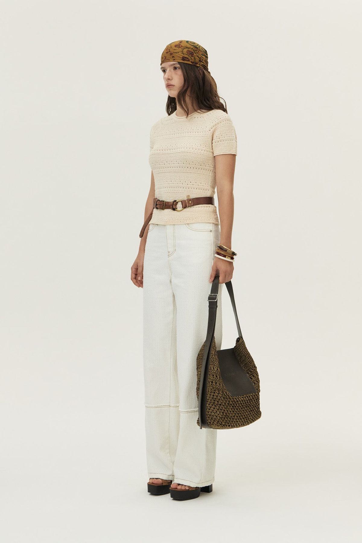 쿠메(KUMÉ) Punched Semi-wide Denim Pants, Ivory