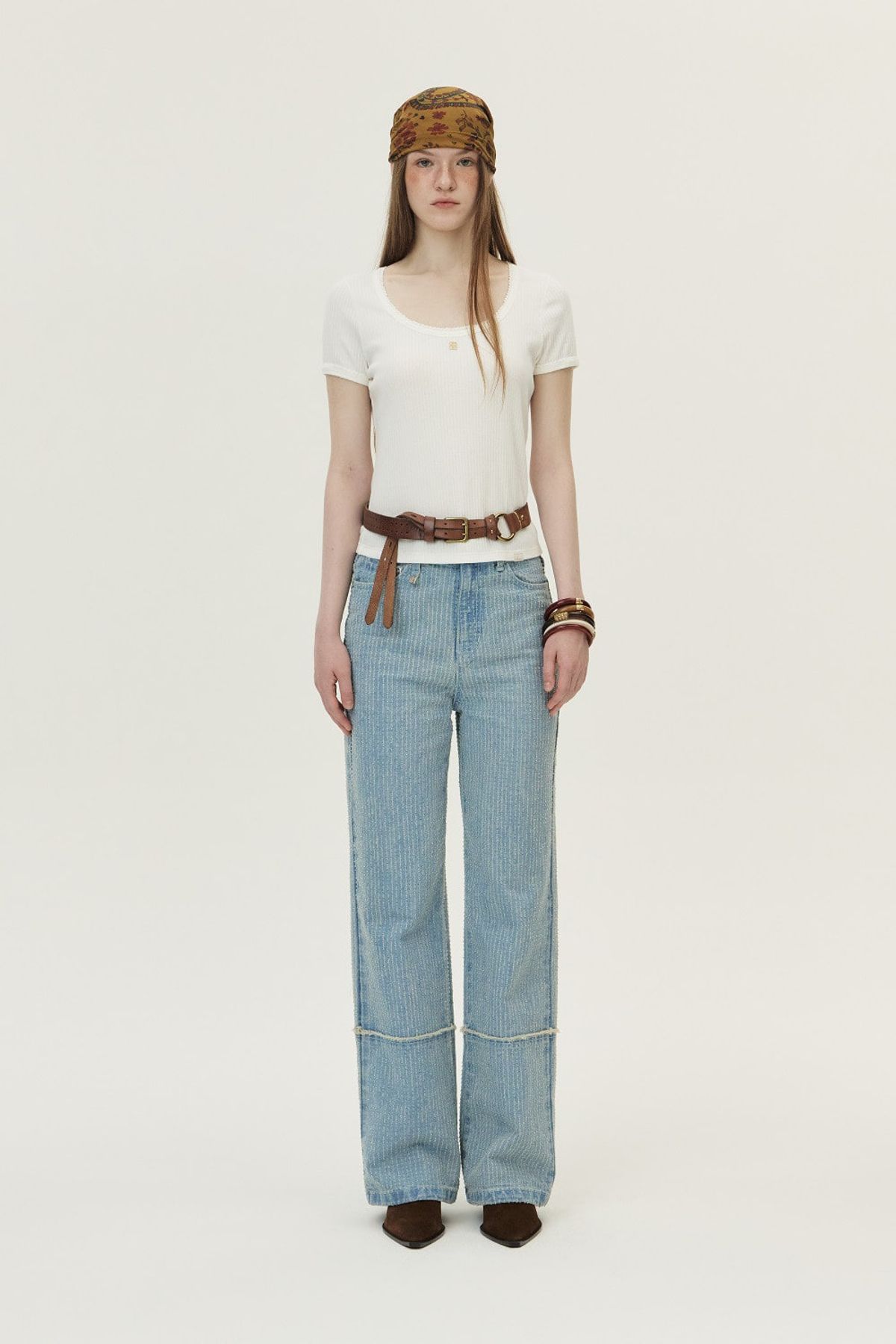 쿠메(KUMÉ) Punched Semi-wide Denim Pants, Light Blue