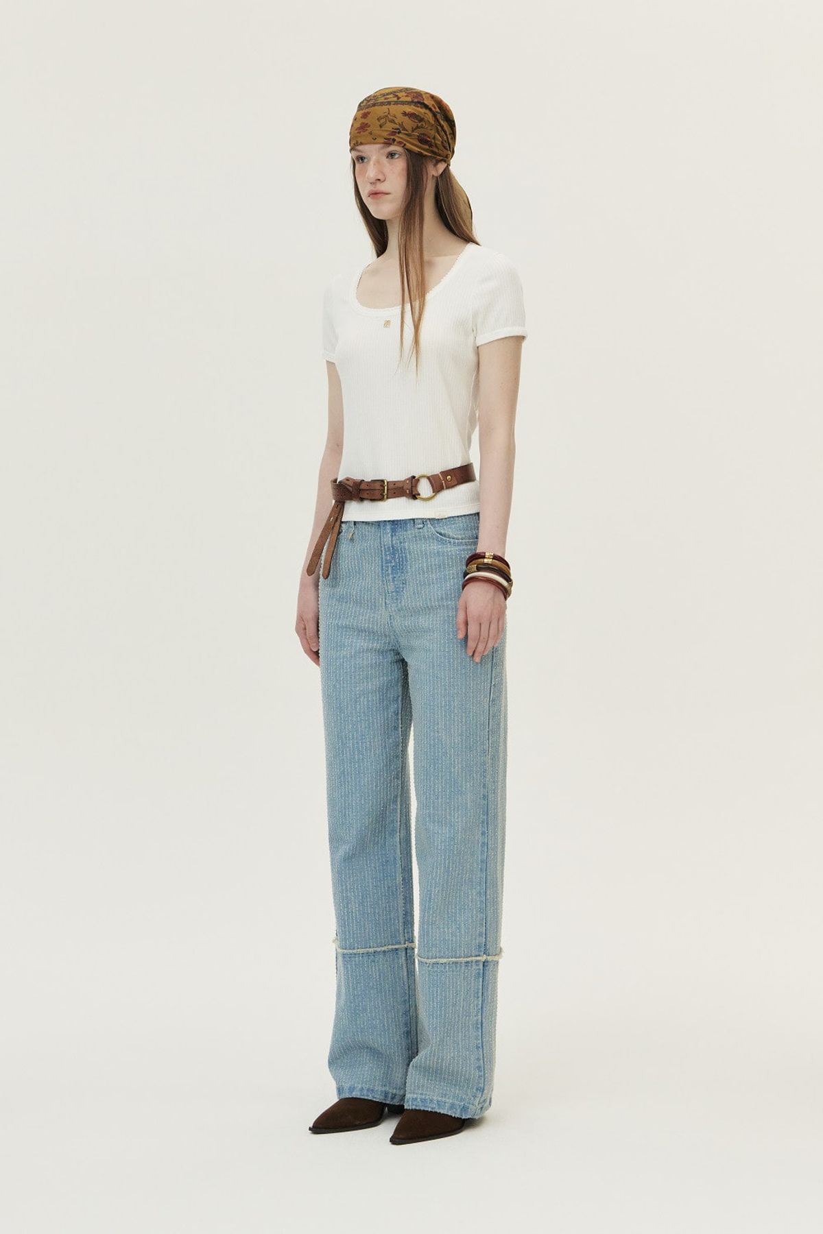 쿠메(KUMÉ) Punched Semi-wide Denim Pants, Light Blue