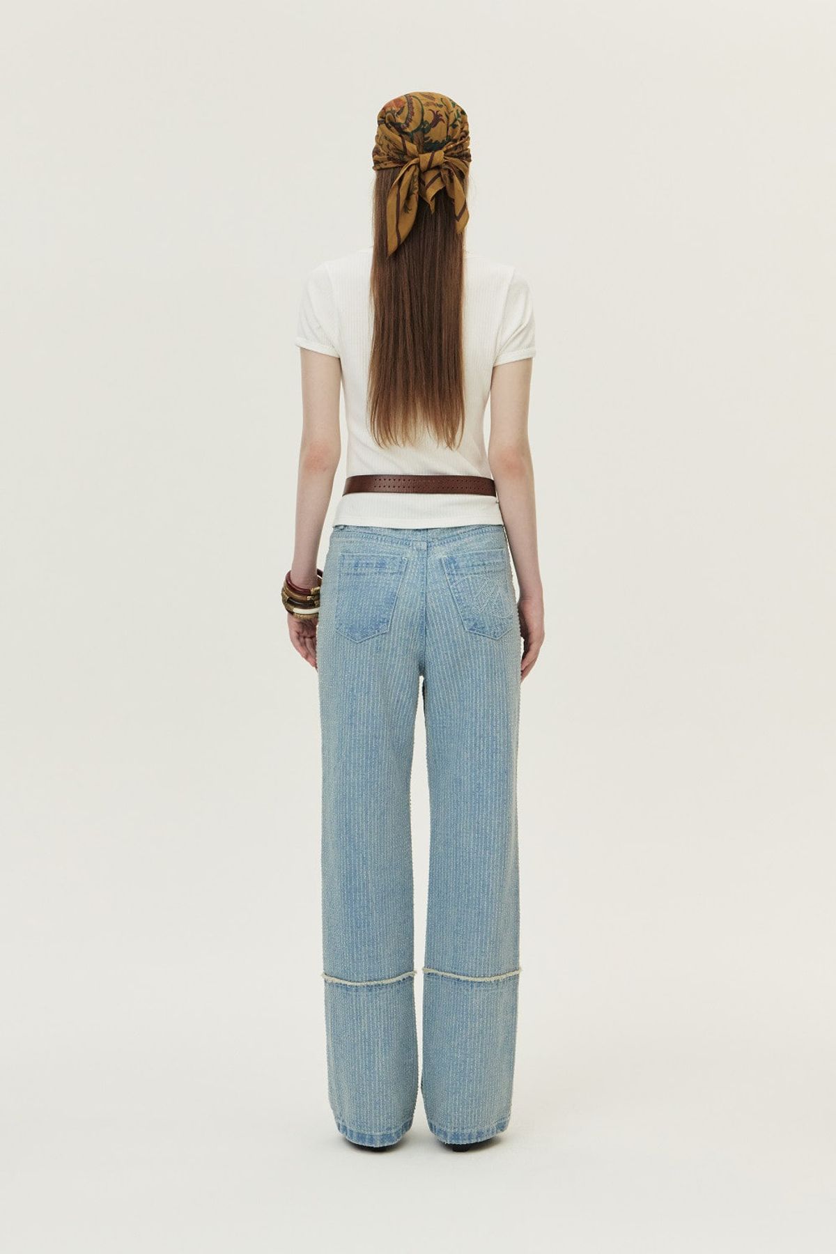 쿠메(KUMÉ) Punched Semi-wide Denim Pants, Light Blue