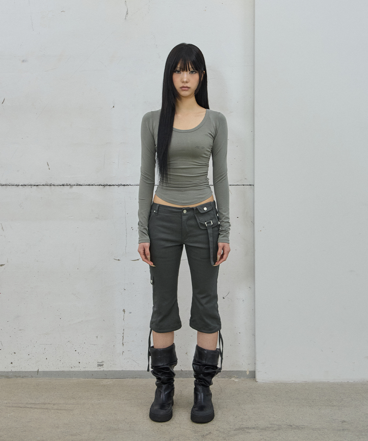 사일프레이(41PRAY) Shirring Long Sleeve Tee / Khaki Grey