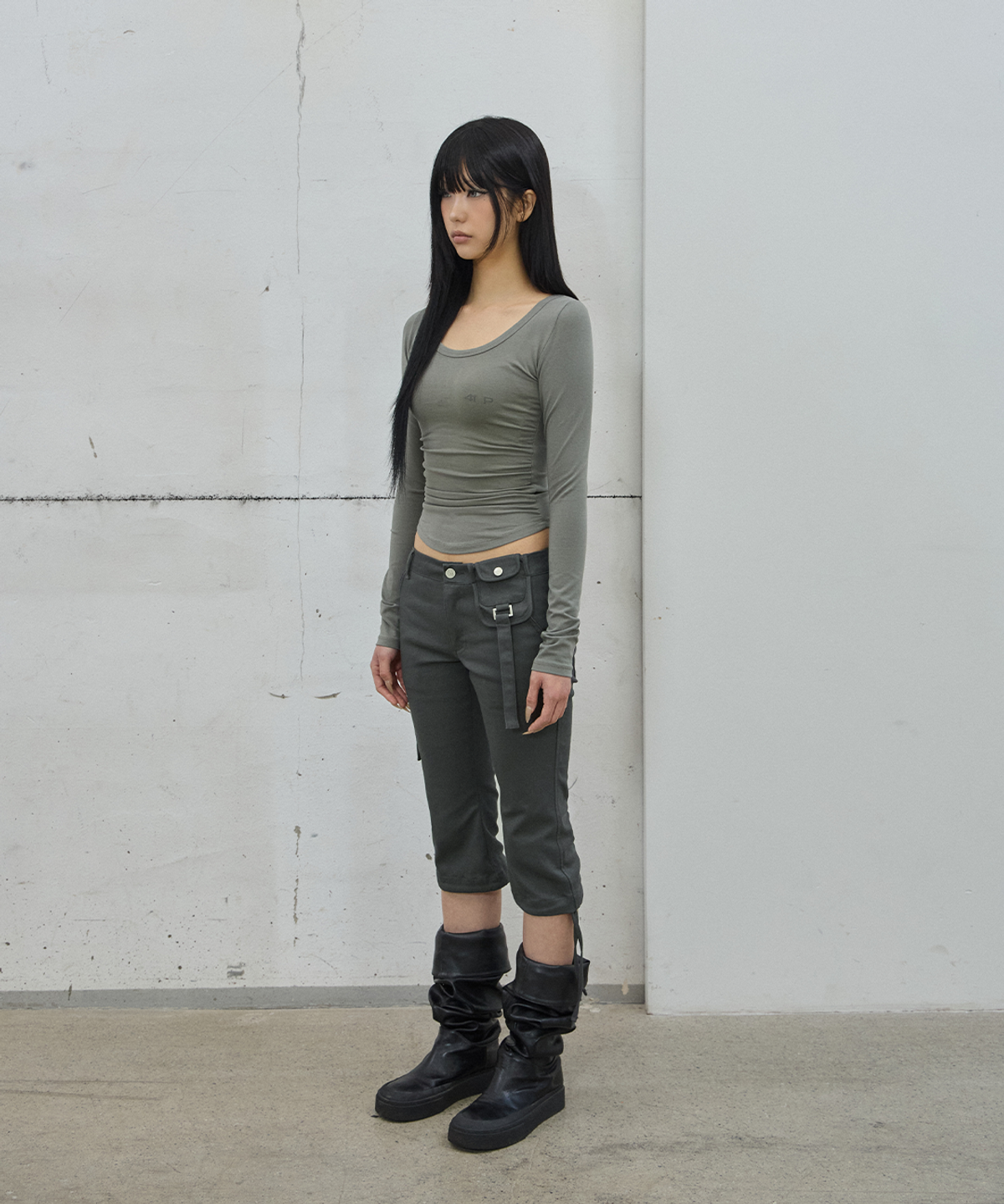 사일프레이(41PRAY) Shirring Long Sleeve Tee / Khaki Grey
