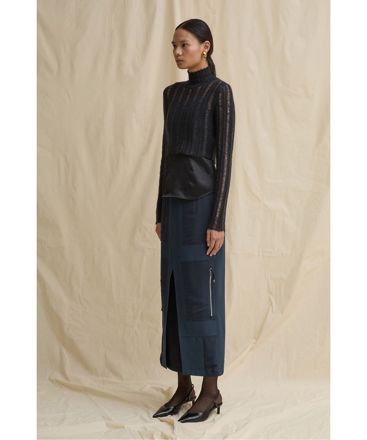 래코드(RECODE) Layered Sheer Knit Top R0WAX25231BKX