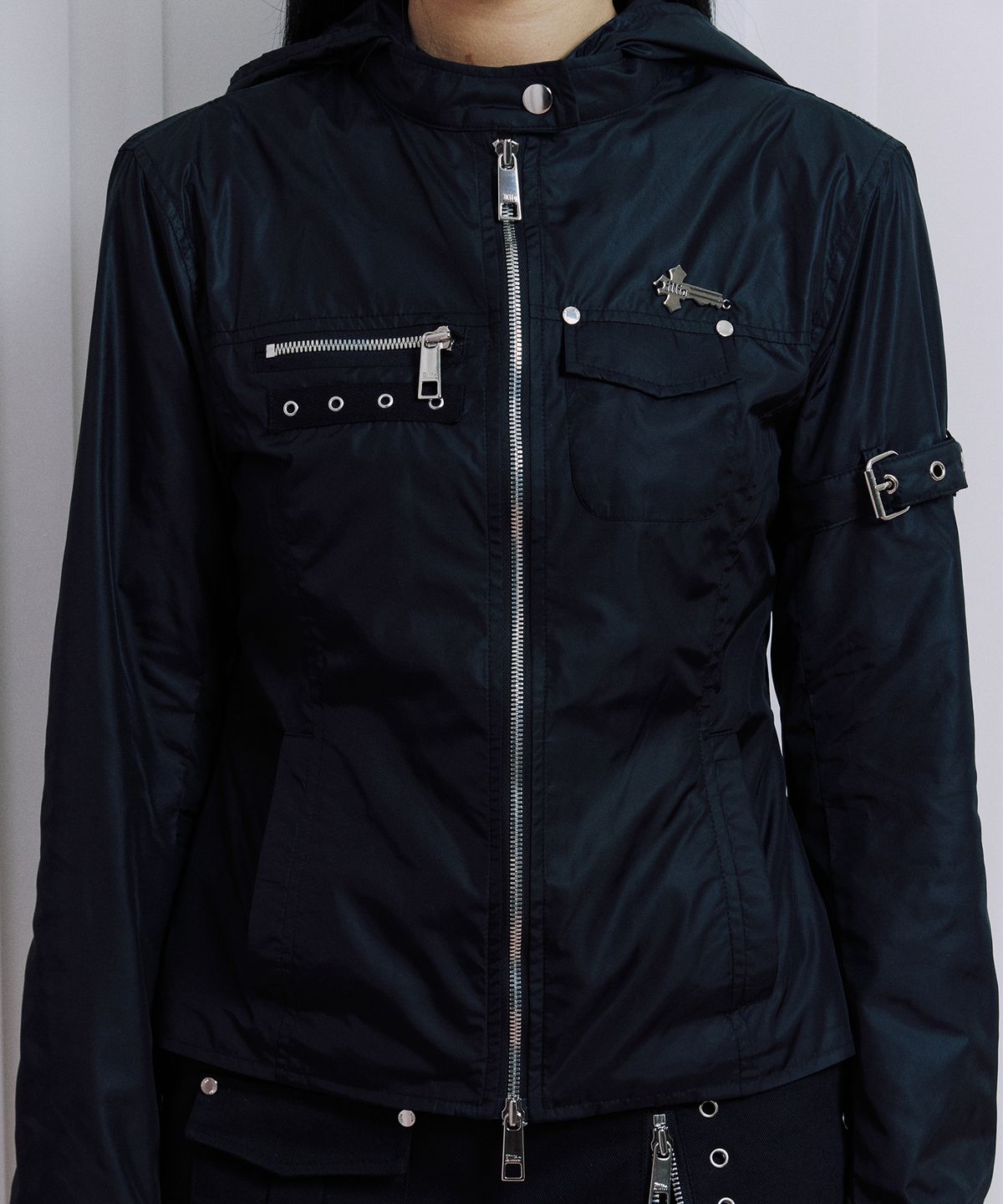 일리오(ILLIO) Black Biker windbreaker jacket -S-