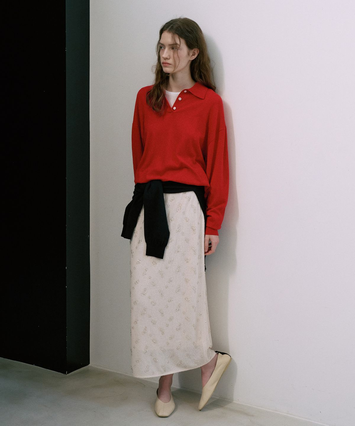 라메레이(LAMEREI) Beads H-Line Maxi Skirt[LMBFSPSK412]-Nude Cream