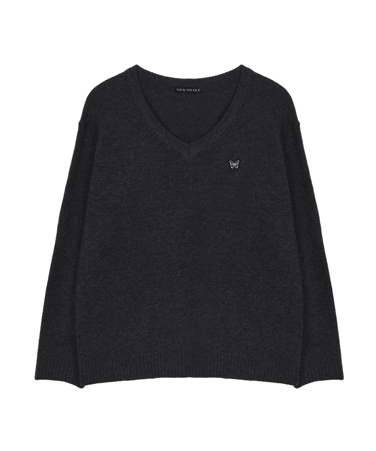 닉앤니콜(NICK&NICOLE) BUTTERFLY PATCH V-NECK KNIT_CHARCOAL