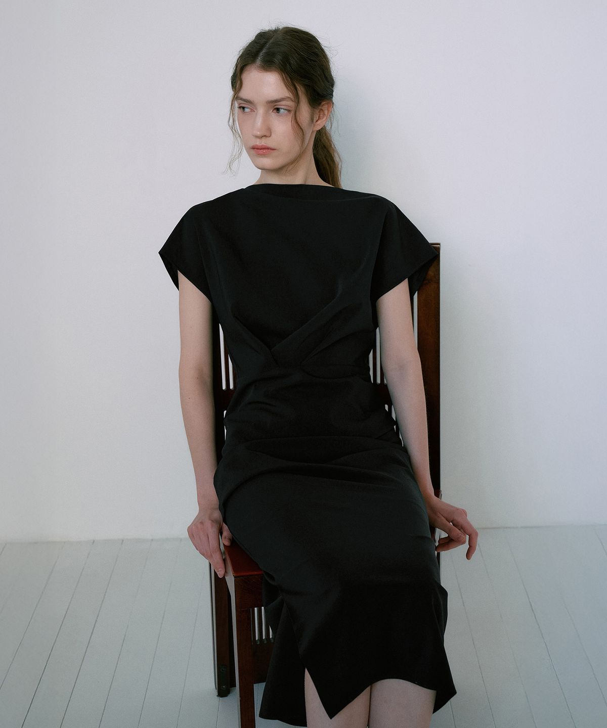 라메레이(LAMEREI) Cap Sleeve Boat-Neck Dress[LMBFSPDR806]-Black