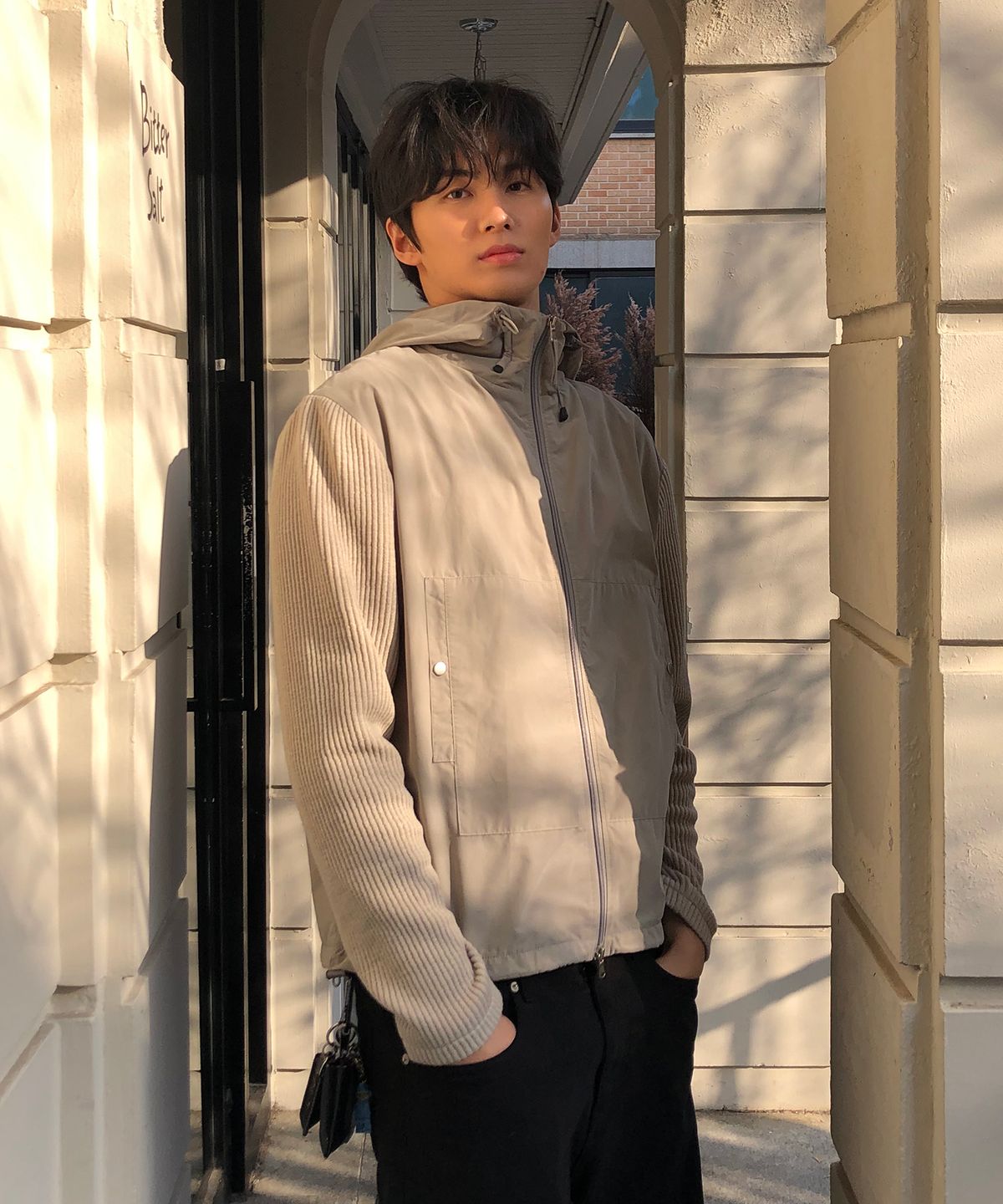 데이(THEY) 니트 나일론 후드 윈드 브레이커_BEIGE