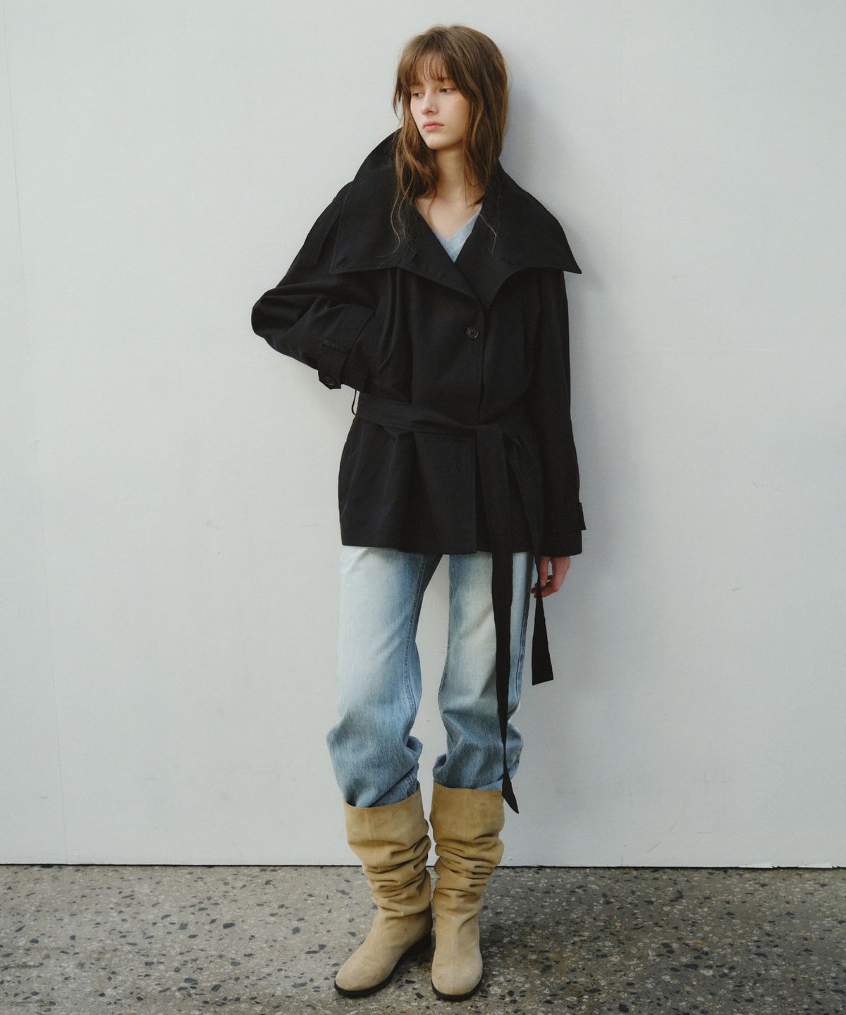 씨타(CITTA) Linen Blend High-neck Half Trench Coat_CTO152(Black)