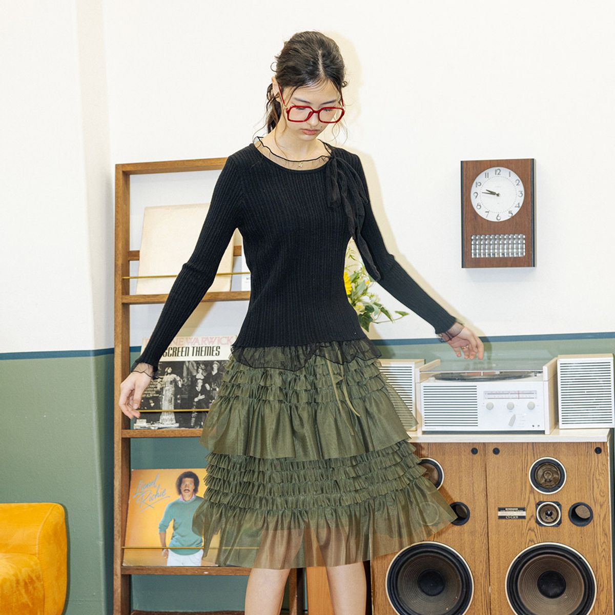 던드롭(DUNDROP) DD_Flowy mesh layered skirt_KHAKI