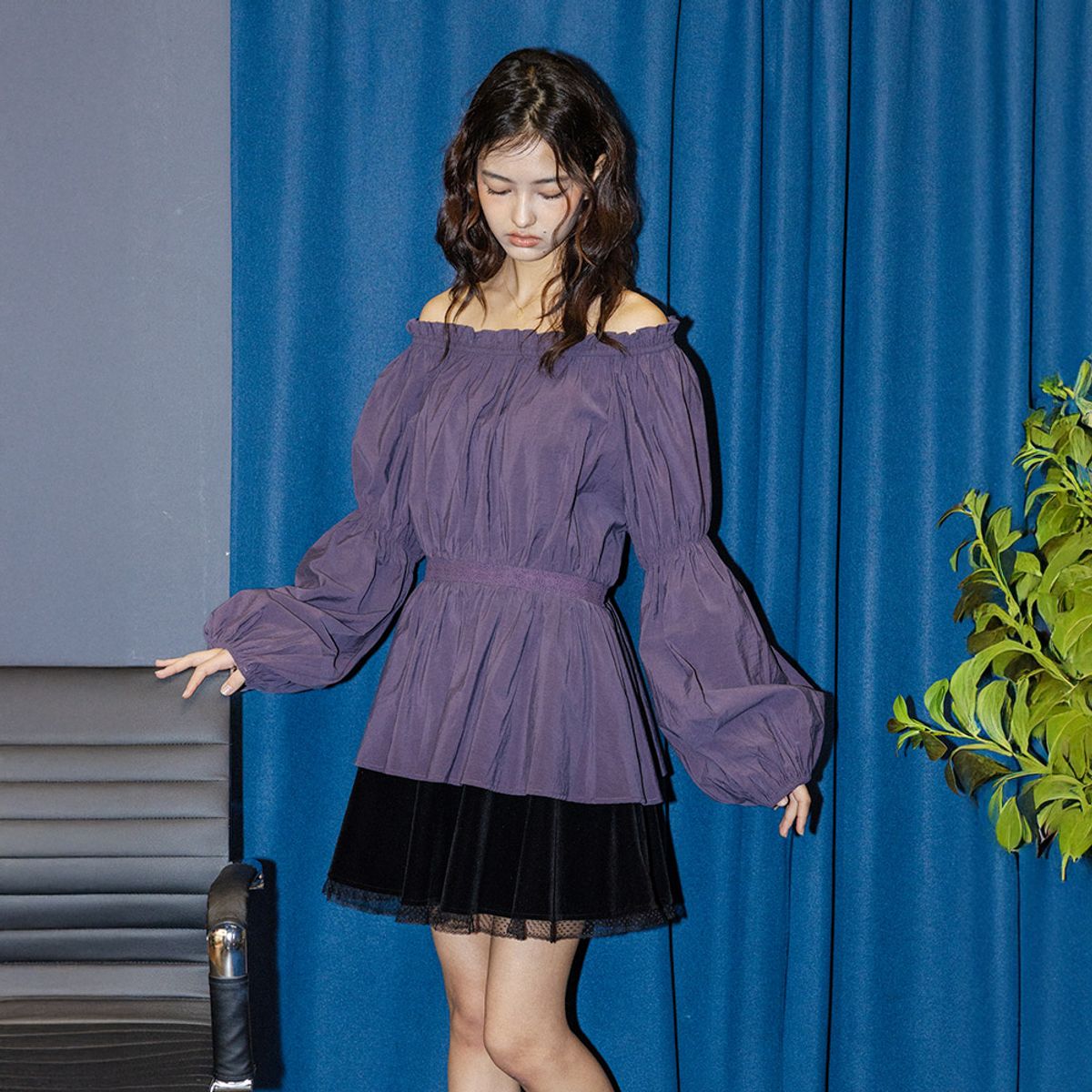 던드롭(DUNDROP) DD_Mesh trim velvet skirt_BLACK