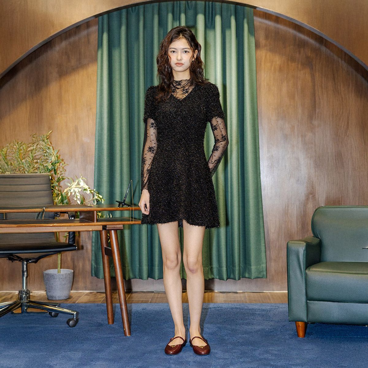 던드롭(DUNDROP) DD_Layered lace top and tweed dress set_BLACK