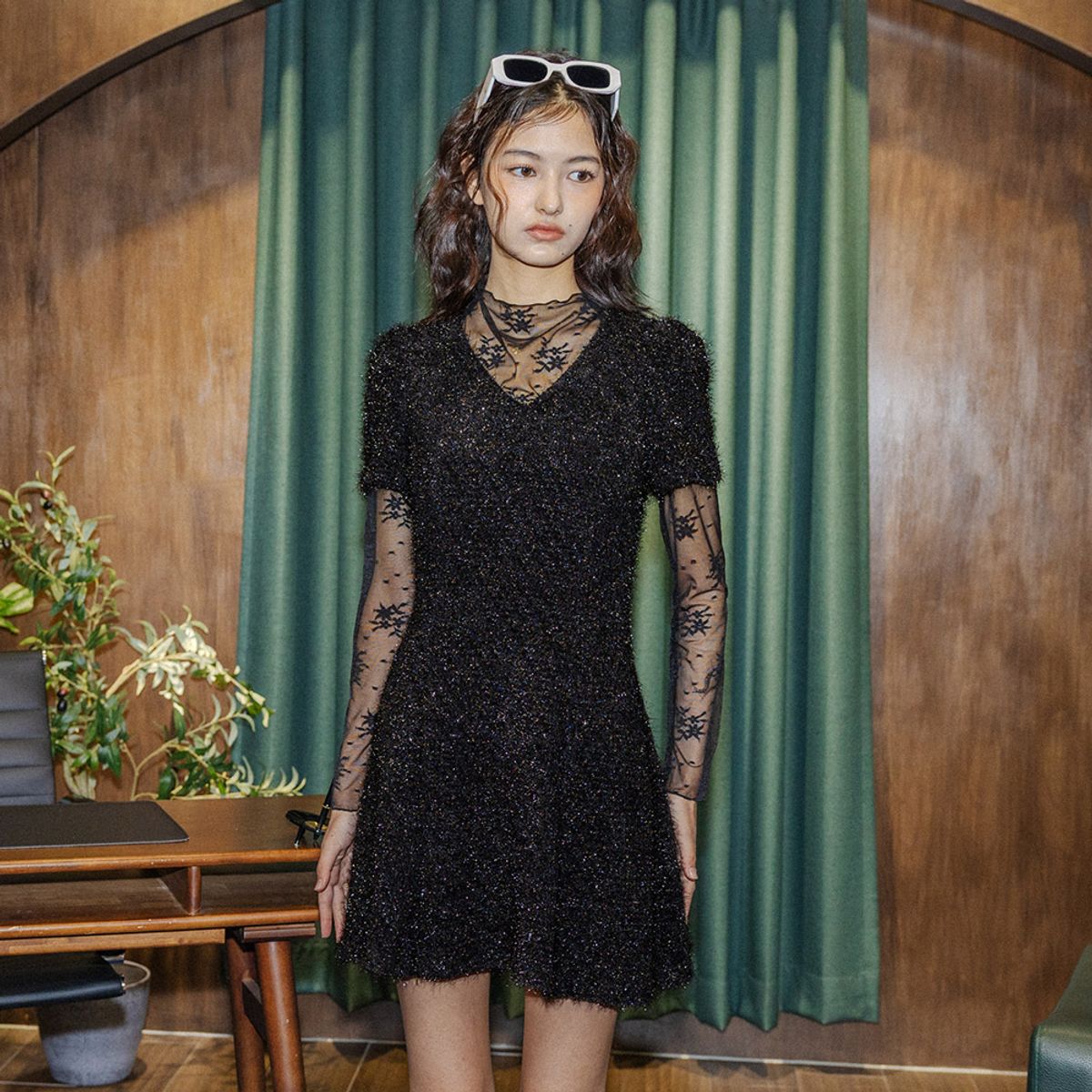던드롭(DUNDROP) DD_Layered lace top and tweed dress set_BLACK