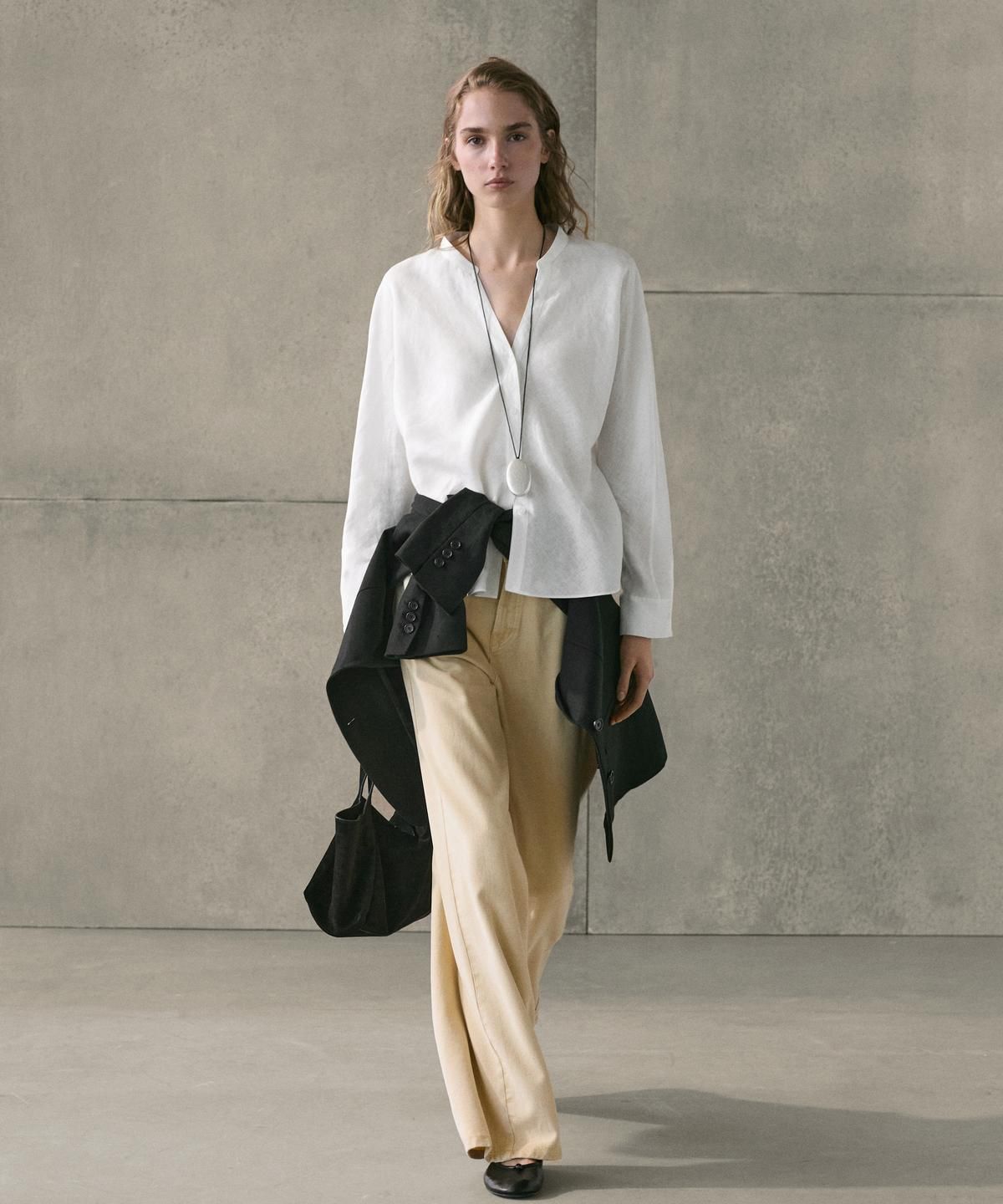 마시모두띠(MASSIMO DUTTI) 100% 린넨 스탠드 칼라 셔츠