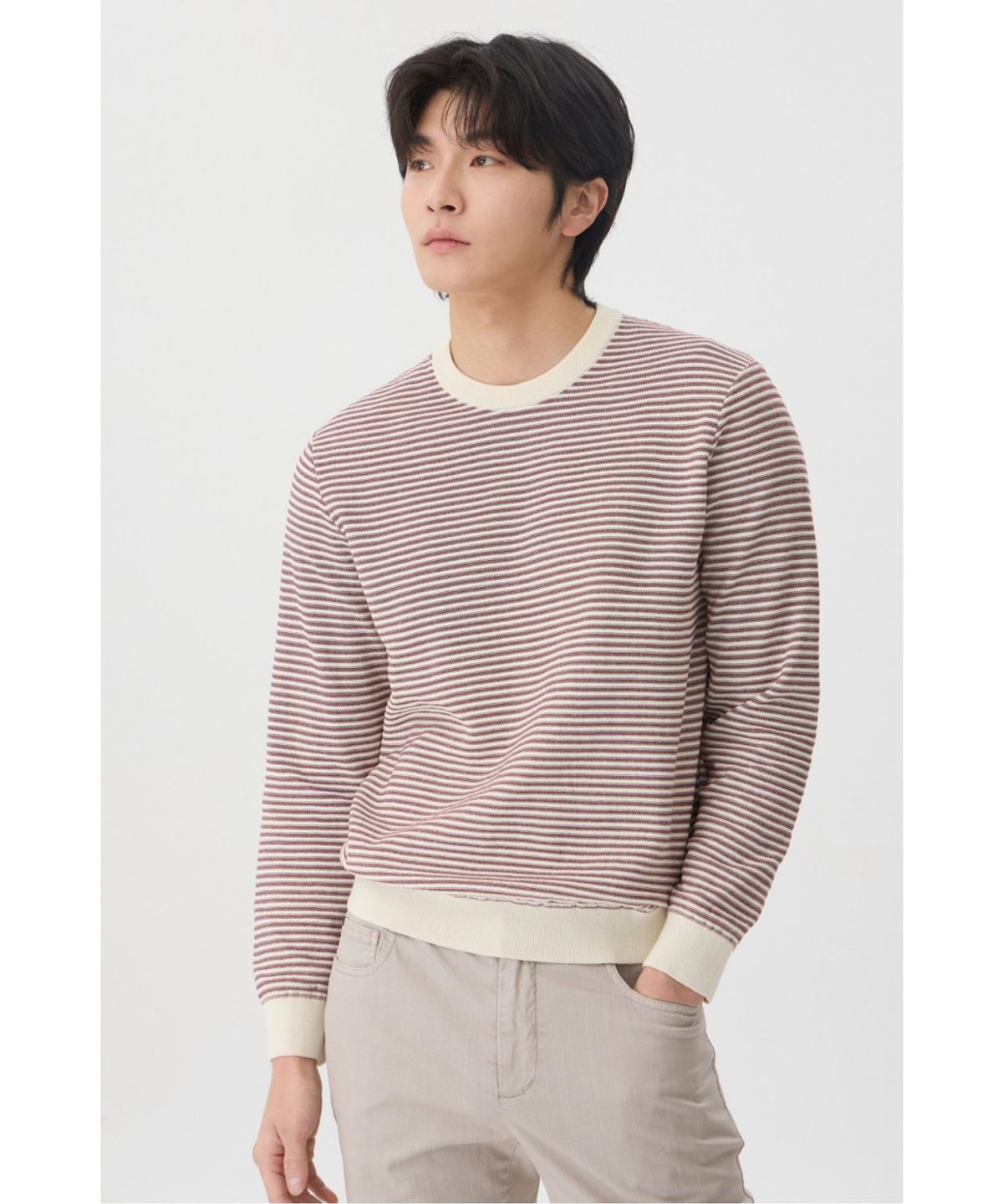 브렌우드(BRENTWOOD) [워셔블] 조직 스트라이프 라운드넥 스웨터 BRWAS26351WIX