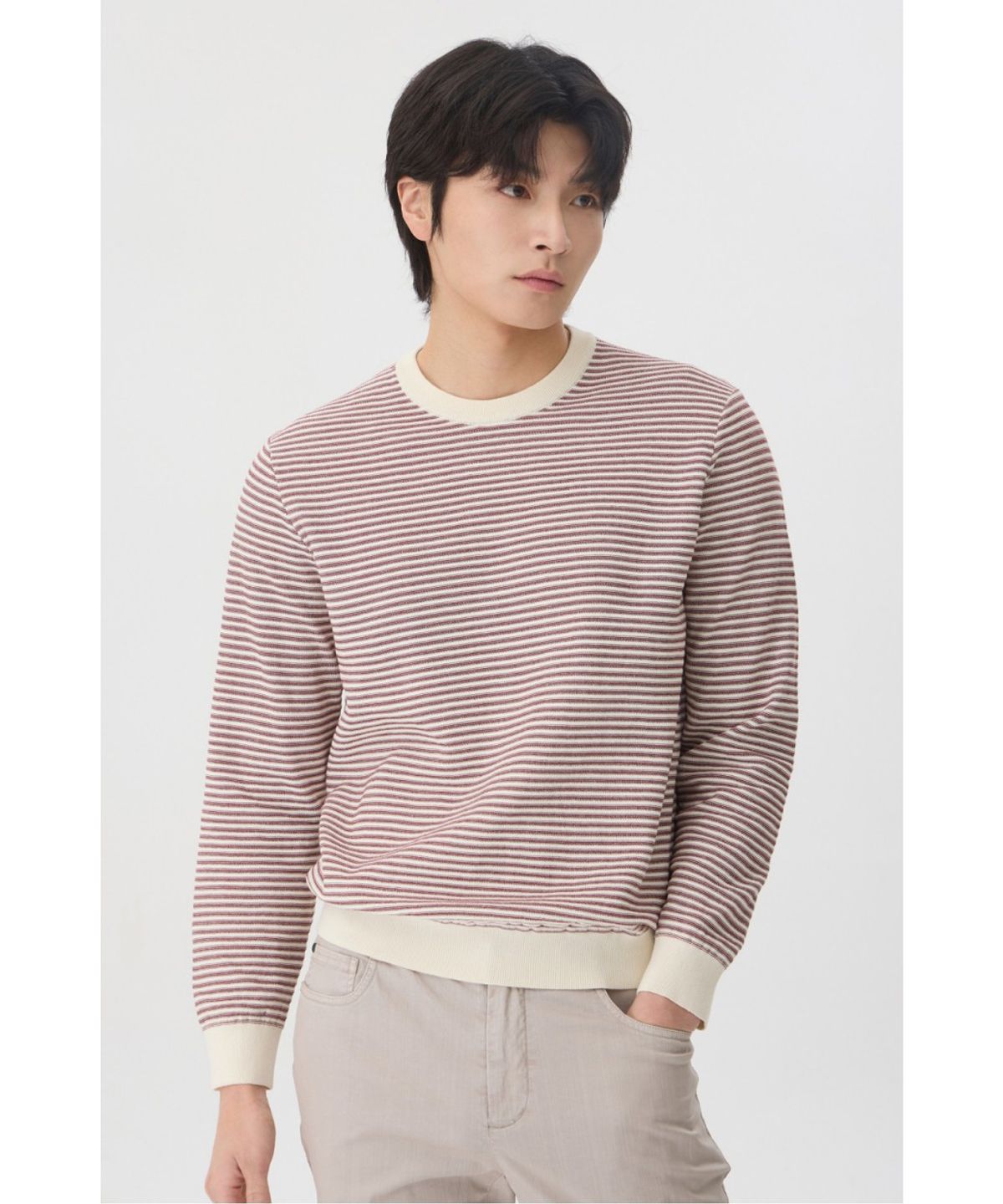 브렌우드(BRENTWOOD) [워셔블] 조직 스트라이프 라운드넥 스웨터 BRWAS26351WIX