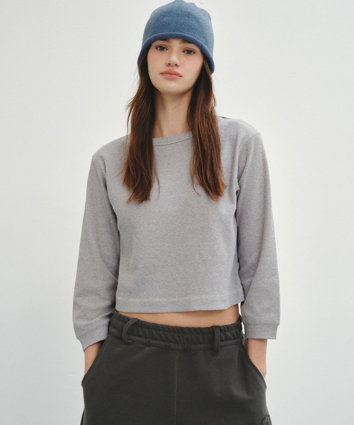 씨타(CITTA) Waffle Semi Crop T-Shirt_CTT3003(Grey)