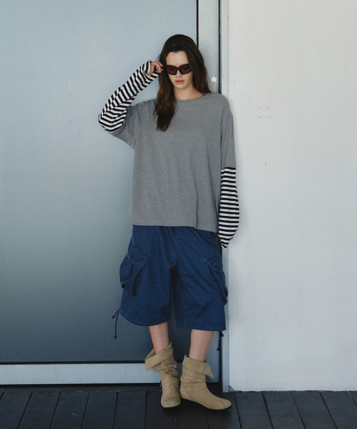 씨타(CITTA) Layered Edge Stripe Overfit Long Sleeve_CTT3007(Grey)
