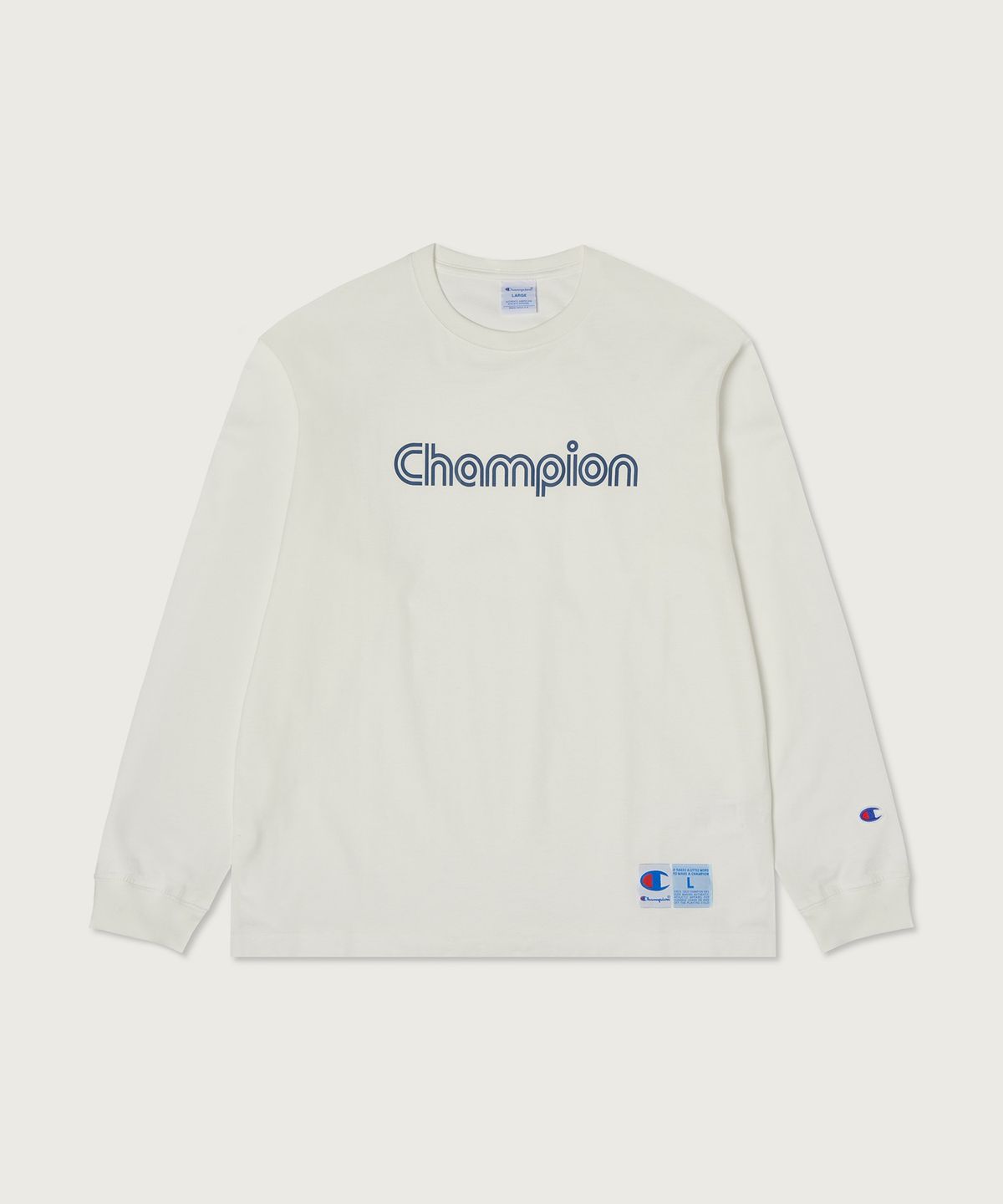 챔피온(CHAMPION) 트랙 로고 루즈핏 조그택 롱슬리브 티셔츠 White