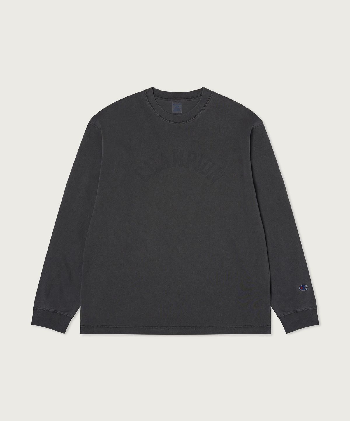 챔피온(CHAMPION) 아치 로고 루즈핏 가먼트다잉 롱슬리브 티셔츠 Charcoal