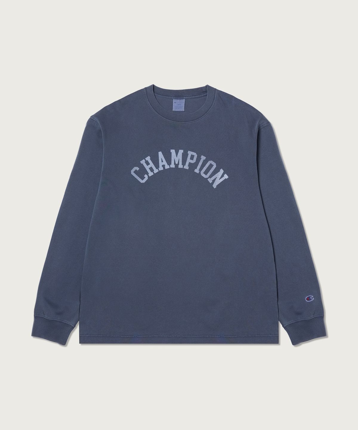 챔피온(CHAMPION) 아치 로고 루즈핏 가먼트다잉 롱슬리브 티셔츠 Blue