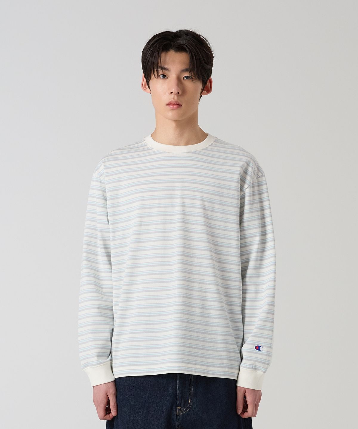 챔피온(CHAMPION) 루즈핏 스트라이프 롱슬리브 티셔츠 Ecru
