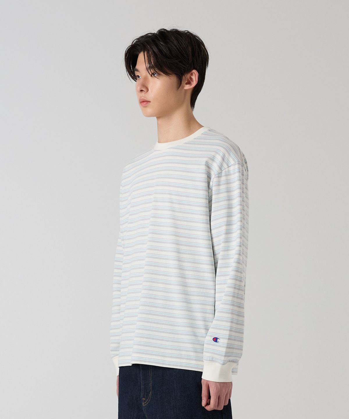 챔피온(CHAMPION) 루즈핏 스트라이프 롱슬리브 티셔츠 Ecru