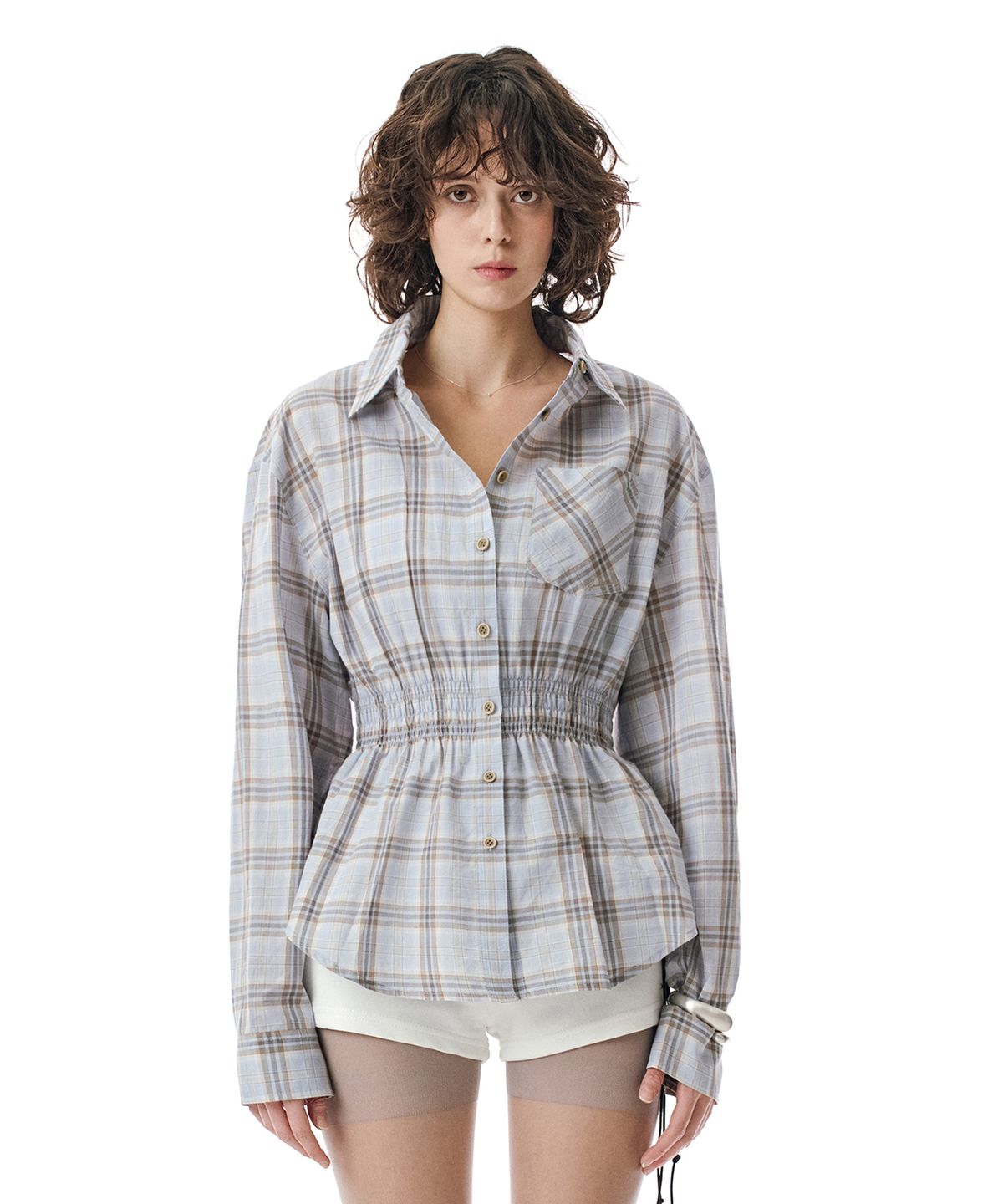 세컨모놀로그(SECONDMONO) W.Check Smocked Waist Shirt [SKYBLUE]_SEWSH004SKYBLUE