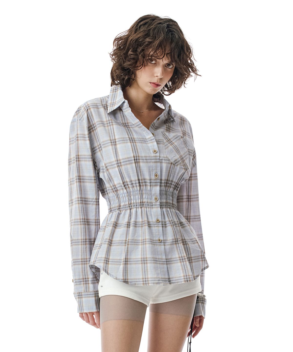 세컨모놀로그(SECONDMONO) W.Check Smocked Waist Shirt [SKYBLUE]_SEWSH004SKYBLUE