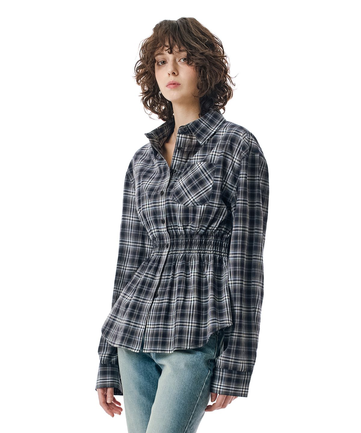 세컨모놀로그(SECONDMONO) W.Check Smocked Waist Shirt [NAVY]_SEWSH004NAVY