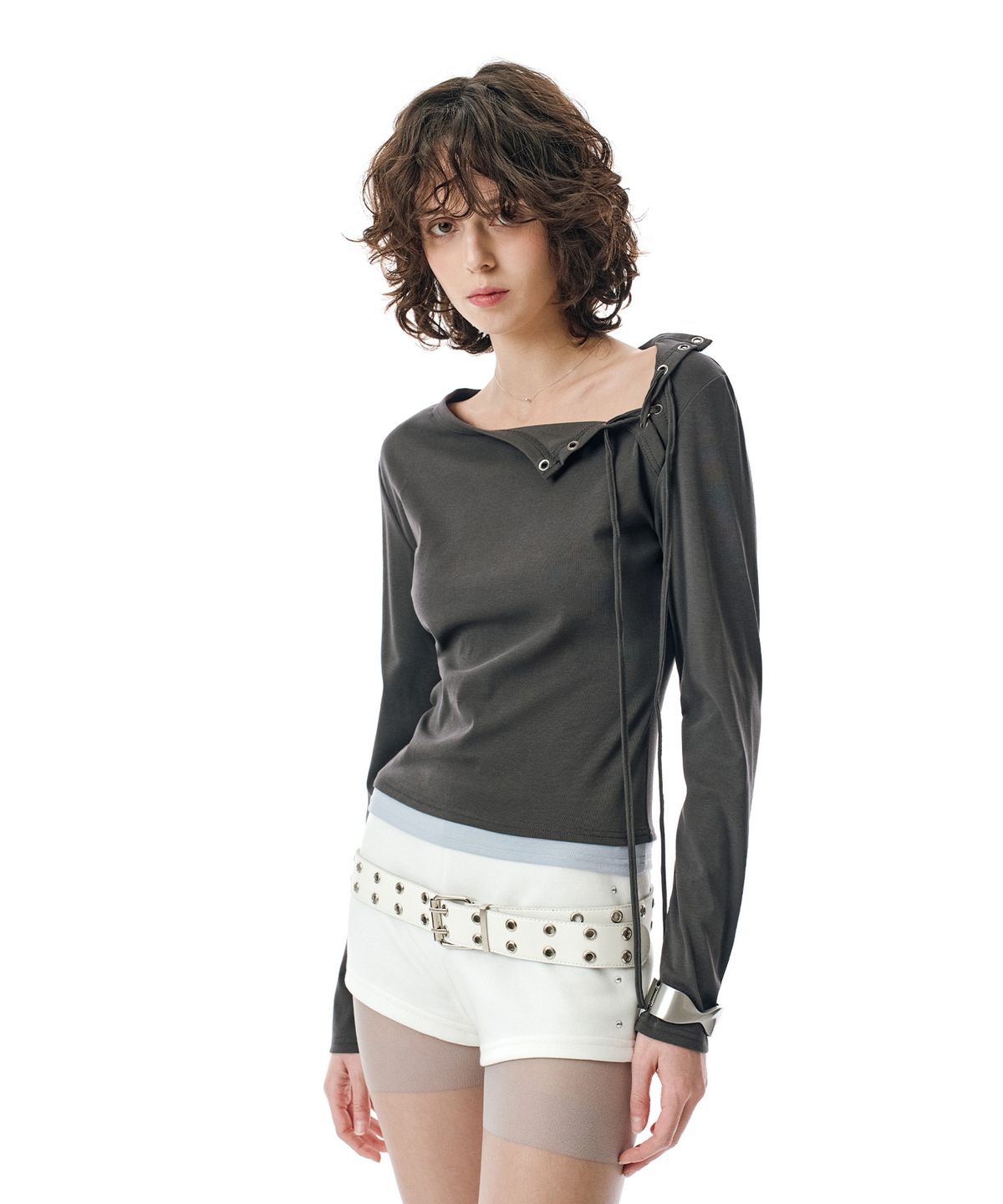 세컨모놀로그(SECONDMONO) W.Lace-Up Detail Layered Top [CHARCOAL]_SEWTS022CHARCOAL