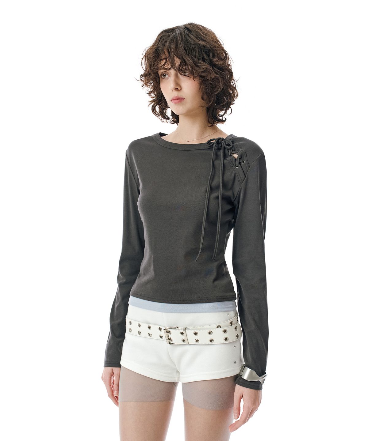 세컨모놀로그(SECONDMONO) W.Lace-Up Detail Layered Top [CHARCOAL]_SEWTS022CHARCOAL