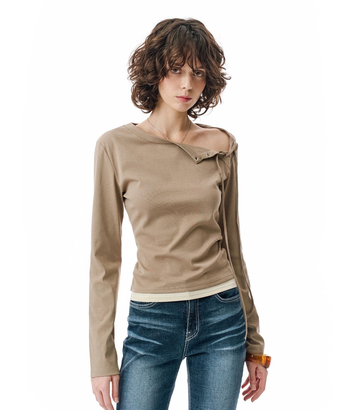 세컨모놀로그(SECONDMONO) W.Lace-Up Detail Layered Top [DTBEIGE]_SEWTS022DTBEIGE