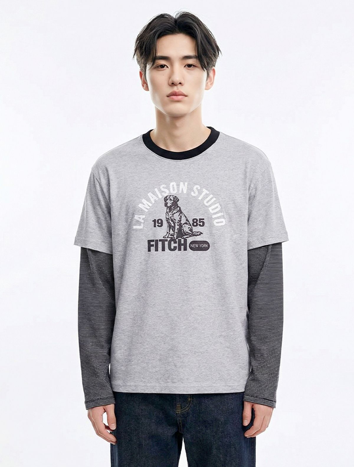 라 메종 스튜디오(LA MAISON STUDIO) RETRIVER STRIPE LAYERED LONG SLEEVE MELANGRAY(FCG1TS685M)