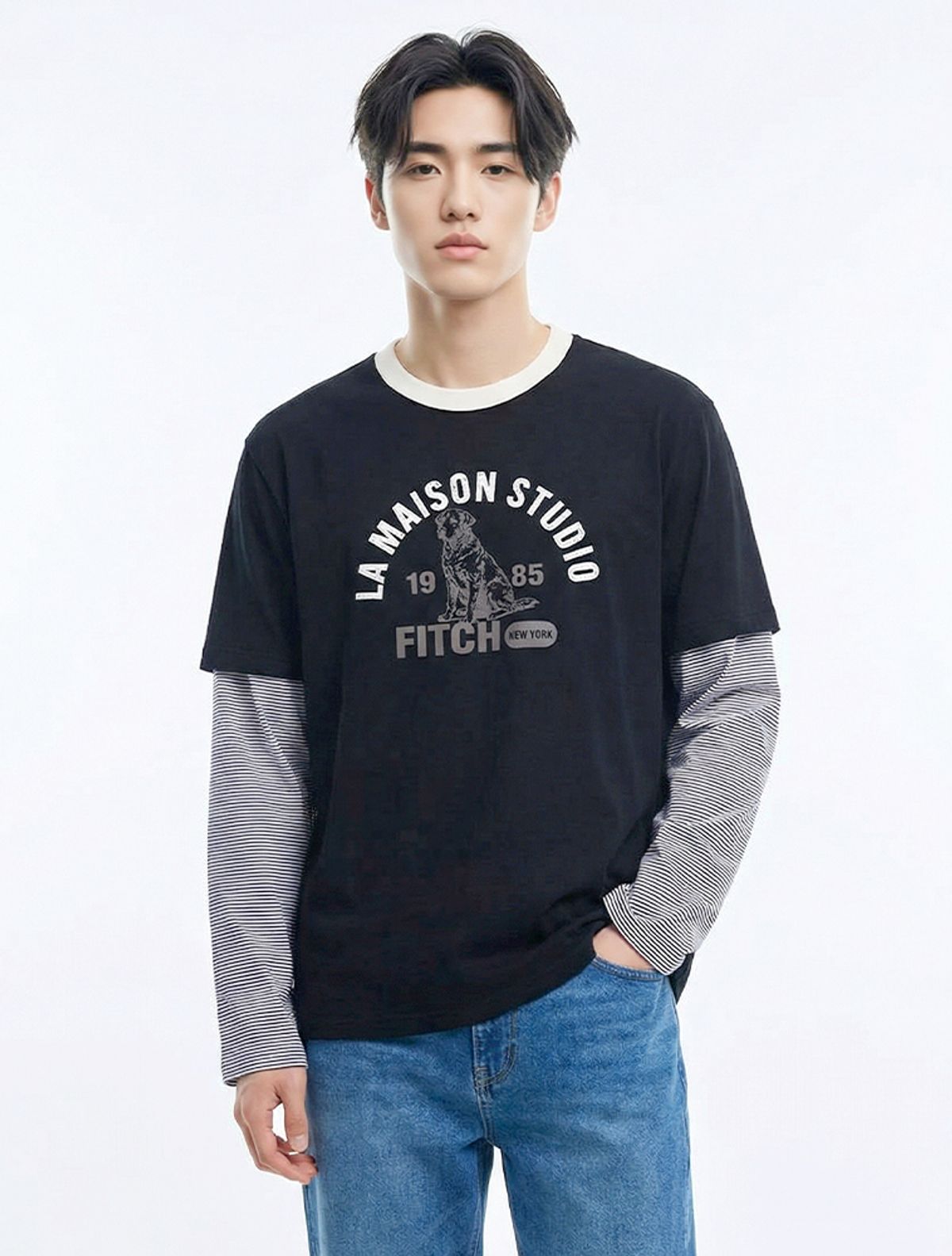 라 메종 스튜디오(LA MAISON STUDIO) RETRIVER STRIPE LAYERED LONG SLEEVE BLACK(FCG1TS685M)