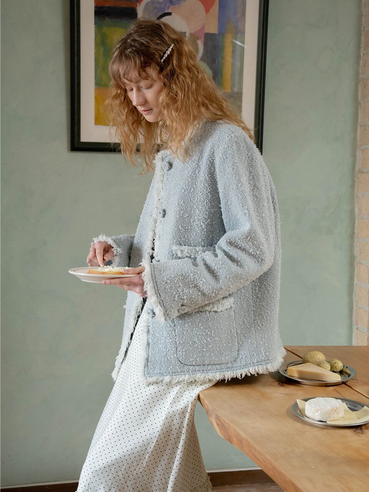 뮈뮈에르(MUEMUER) No-Collar Fringe Tweed Jacket MU2611JK101M