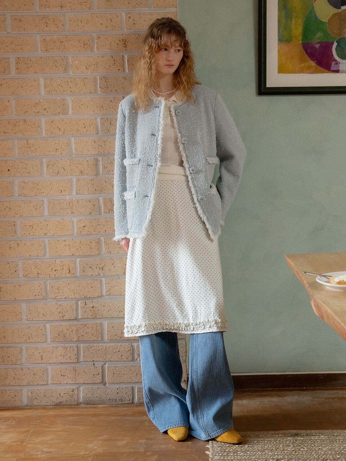 뮈뮈에르(MUEMUER) No-Collar Fringe Tweed Jacket MU2611JK101M