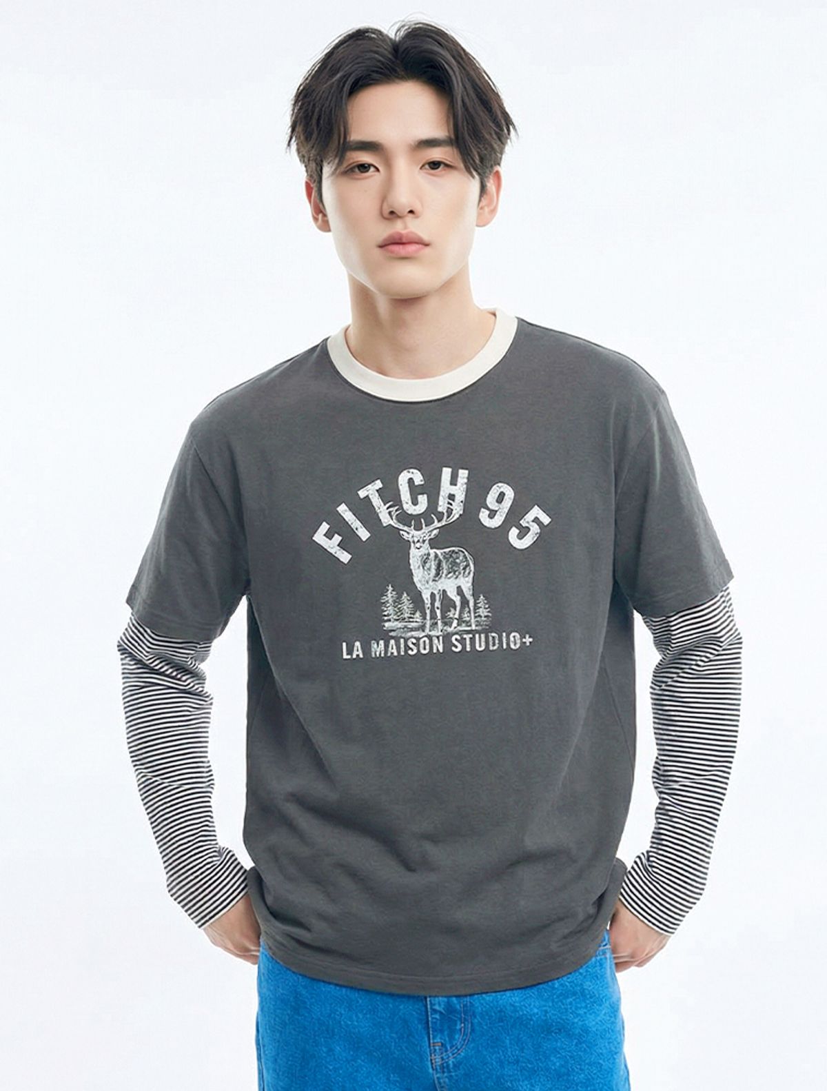 라 메종 스튜디오(LA MAISON STUDIO) DEER STRIPE LAYERED LONG SLEEVE T-SHIRT CHARCOAL(FCG1TS686M)